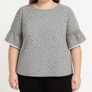 Court & Rowe Gray Floral Stripe Ruffle Sleeve Cotton Top 2X